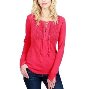 Lucky Brand Women's Red Thermal Long Sleeve Lace-Up Top Size XL